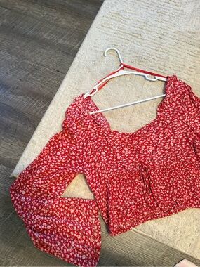 Red Floral Square-Neck Peasant Top